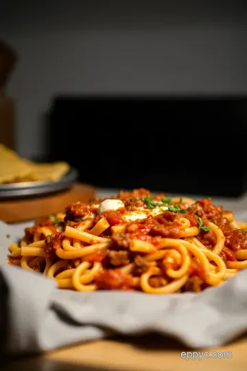 Cheesy Baked Ziti with Ricotta and Hearty Meat Sauce presentation