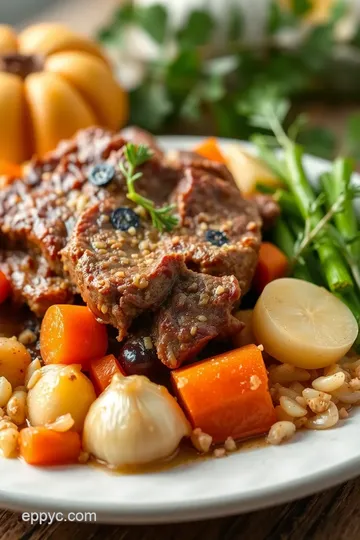 German Thanksgiving Sauerbraten with Red Cabbage and Potato Dumplings presentation