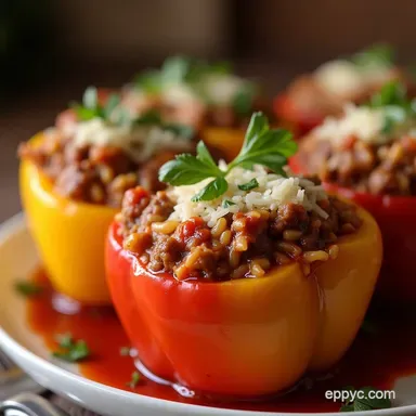 The Perfect Baked Beef and Rice Stuffed Peppers Recipe Recipe Card