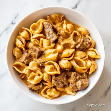 One-Pot Creamy Beef and Shells Recipe Card