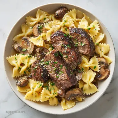 Garlic Butter Steak with Creamy Bowtie Pasta for 4 Servings Recipe Card