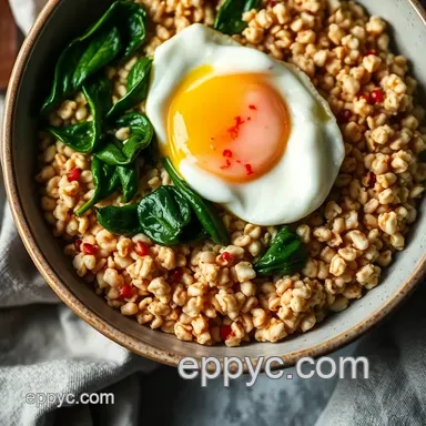 Savory Cracked Oats Breakfast Bowl with Poached Egg & Greens Recipe Card