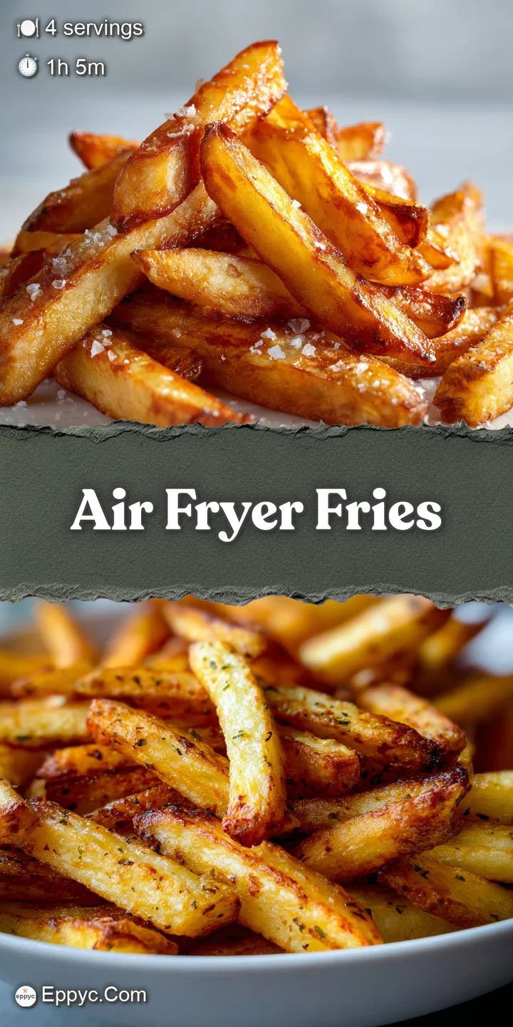Close-up of perfectly crisp air fryer fries, revealing their golden-brown, slightly blistered surface and fluffy interior ...