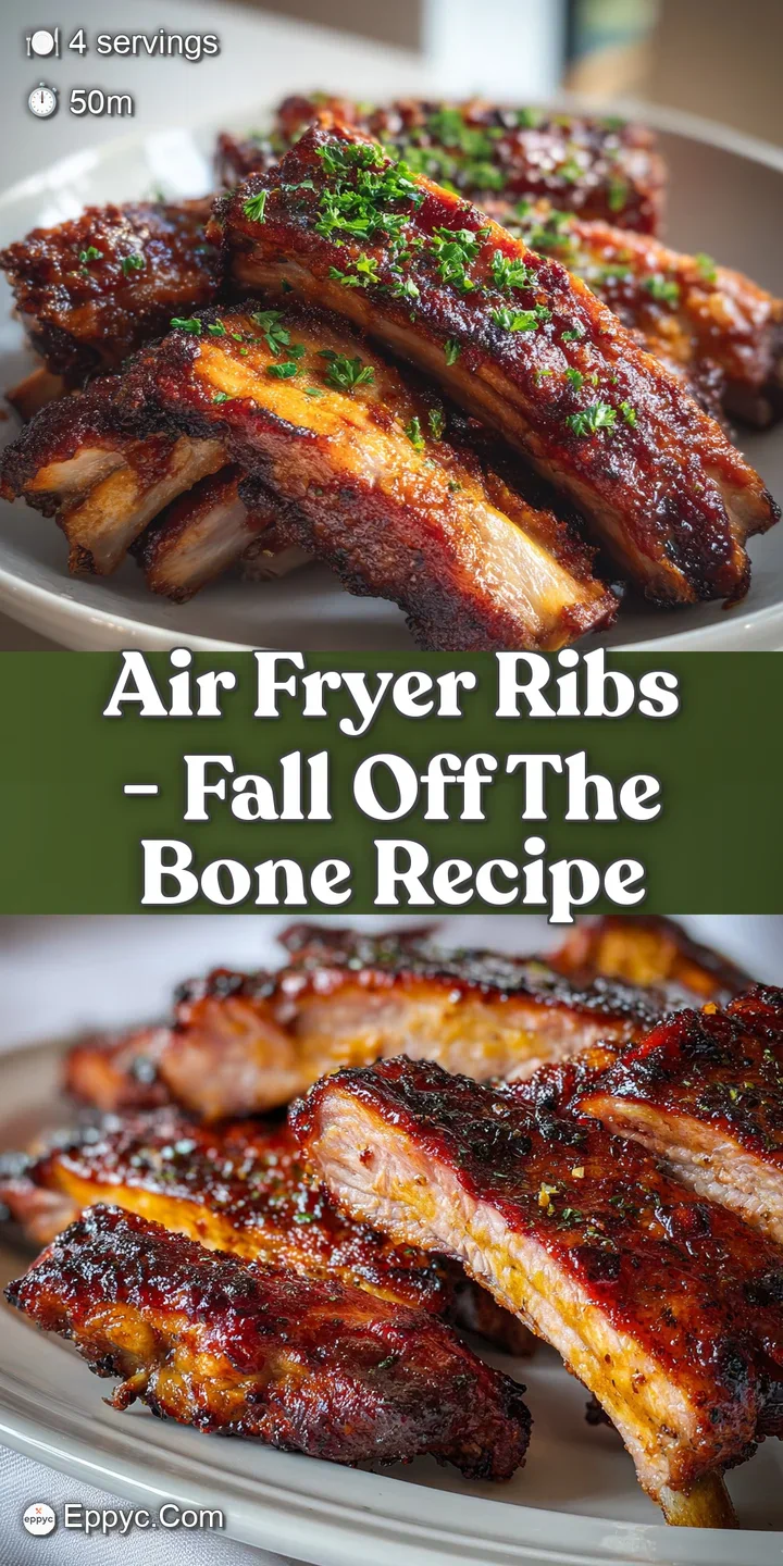Close-up of an air fryer rib; sticky, sweet sauce coating the surface, the meat pulling away from the bone indicating extr...