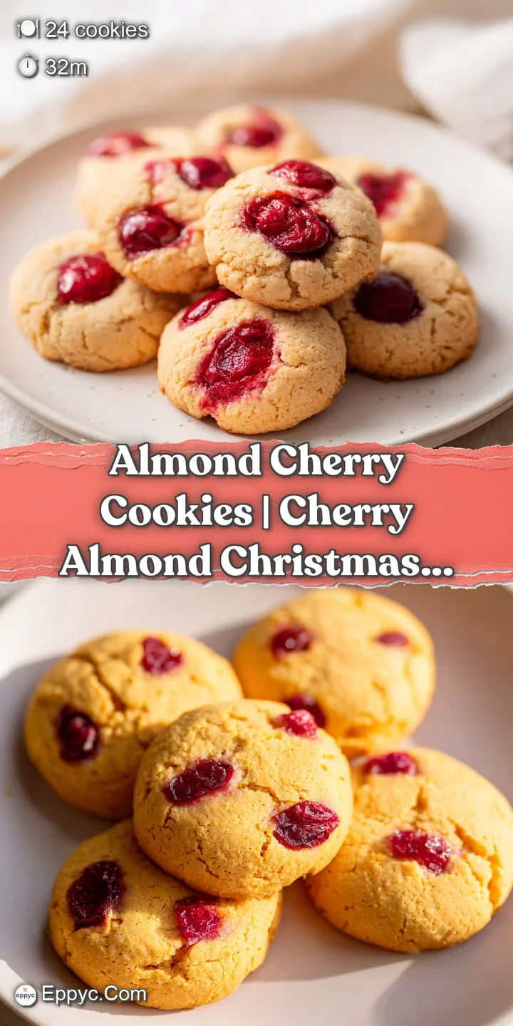 Extreme close-up of a soft, chewy cookie showing a juicy red cherry center and a crisp, toasted almond crust.