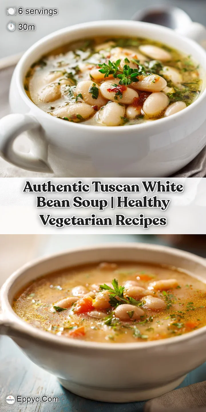 Close-up of creamy white beans and flecks of rosemary in a rich, golden broth, hinting at warmth.