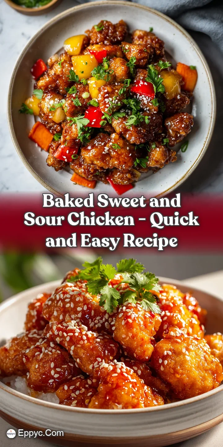 Close-up of plump, oven-baked chicken bites glistening under a thick, sticky sweet and sour glaze, catching the light.