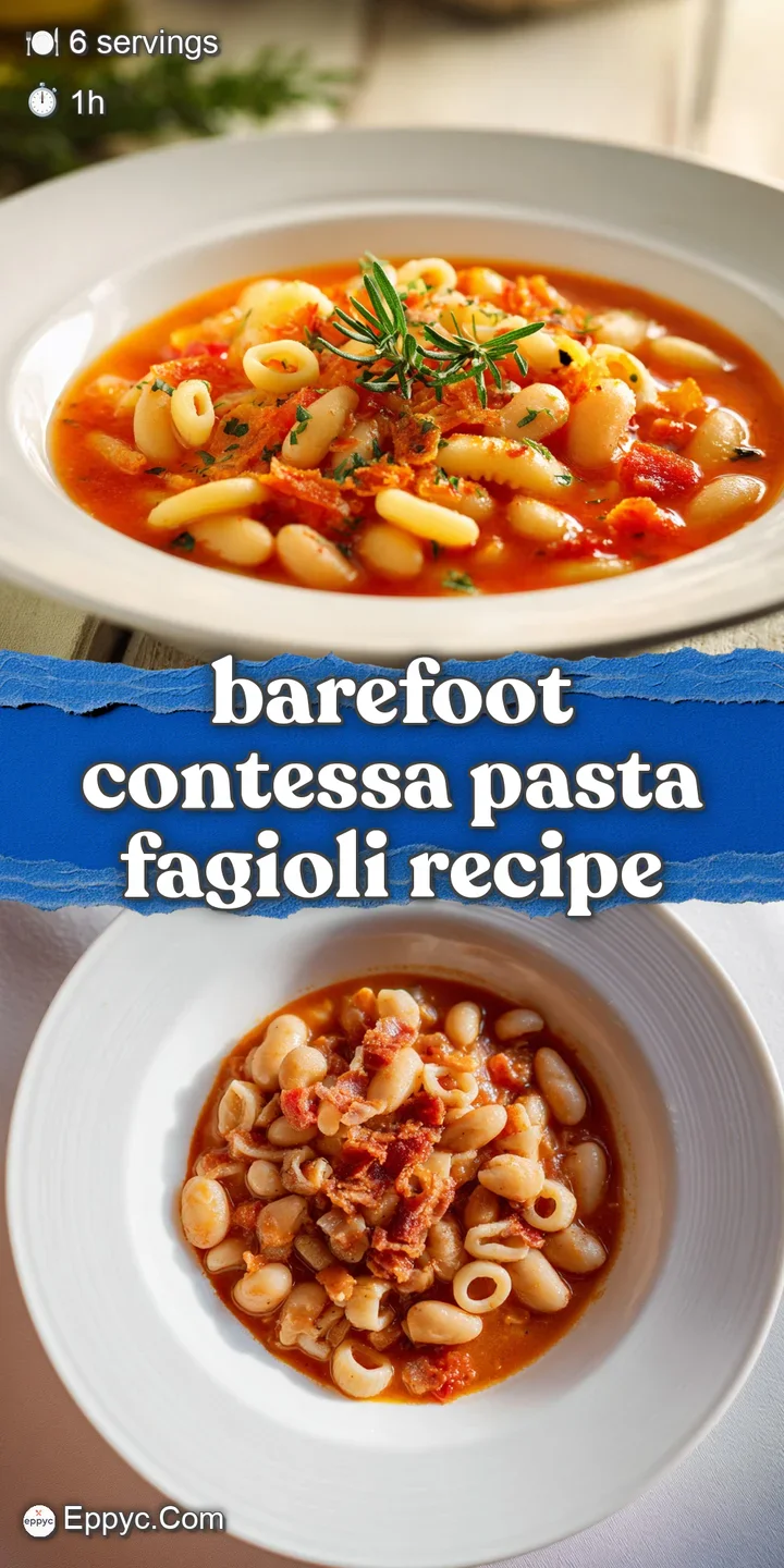 Close-up of tender white beans and small pasta shapes glistening in a thick, savory red broth with diced carrots.