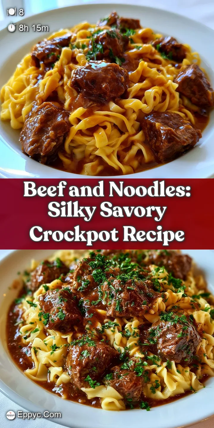 Extreme close-up of succulent, fork-tender beef and buttery noodles coated in a thick, shimmering savory brown gravy.
