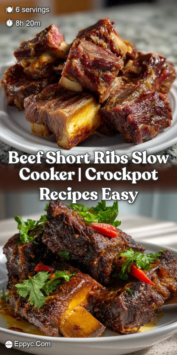 Close-up of braised beef short ribs with a deep mahogany glaze. The meat is incredibly tender, revealing a buttery texture...