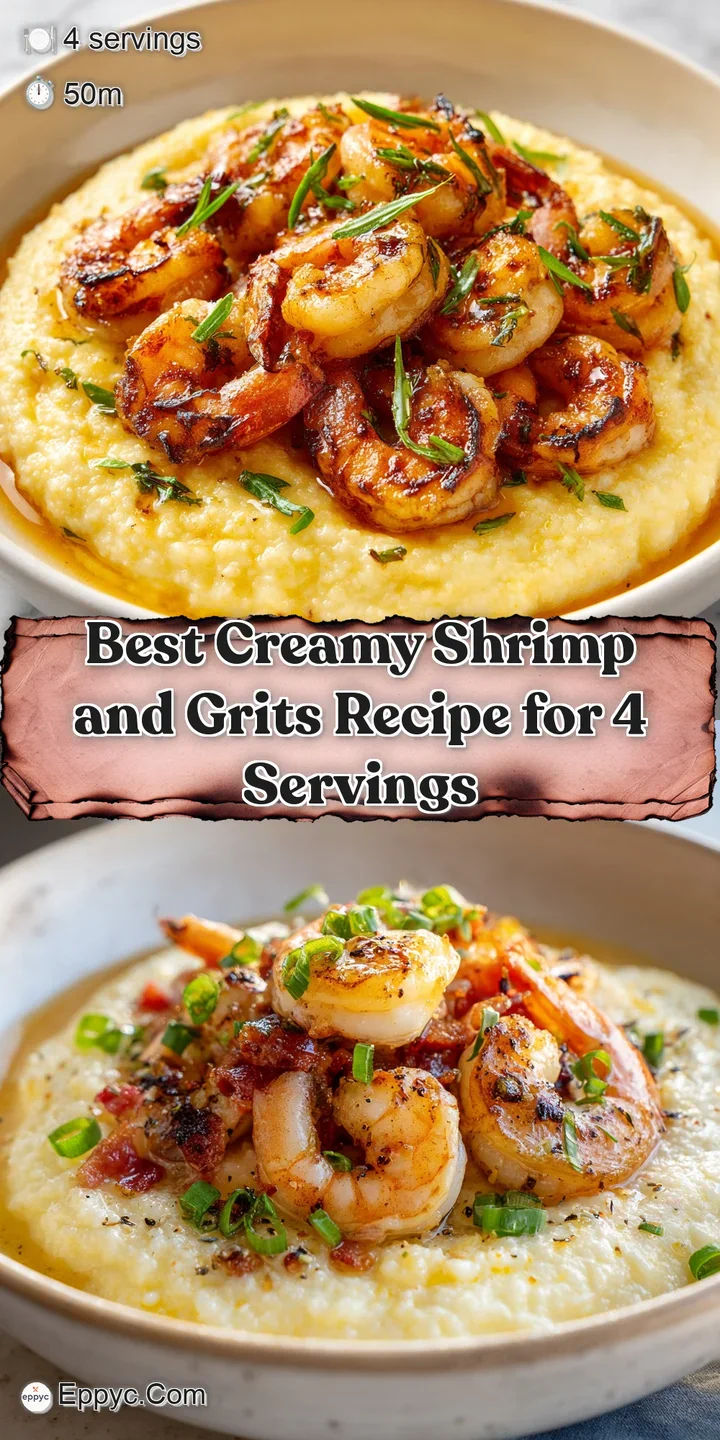 Close-up of plump, juicy shrimp nestled in creamy grits. Glistening with broth and herbs, a spoonful is about to be taken.