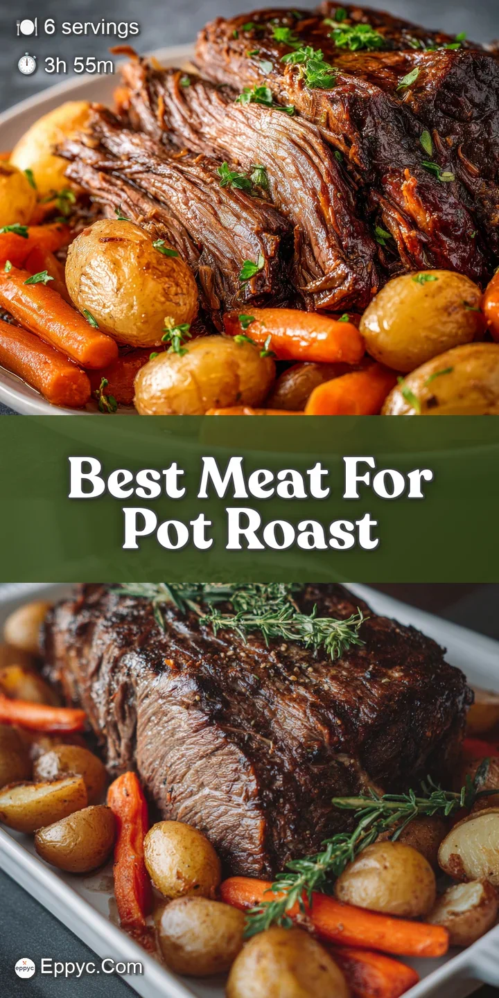 Close-up of deeply browned, fork-tender beef pot roast, its surface glistening with savory, flavorful juices.