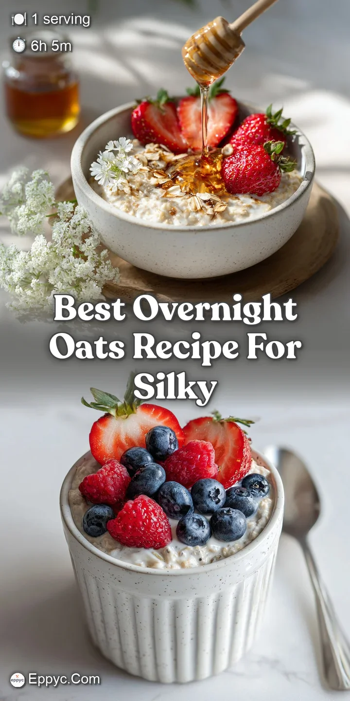 Close-up of creamy overnight oats swirled with fruit; textures of smooth oats and plump berries are visible.