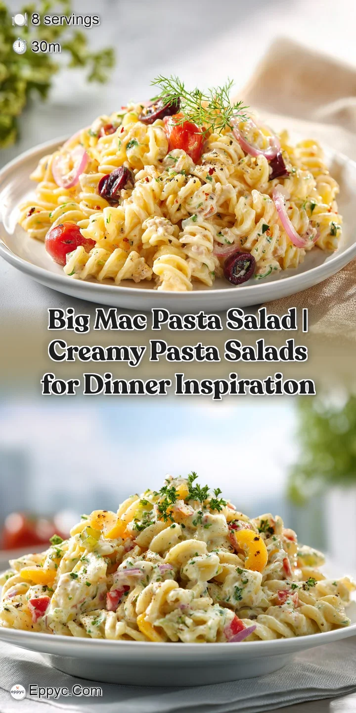 Close-up of tender pasta swirls coated in a rich, creamy dressing, studded with crumbled beef and bright green lettuce bits.