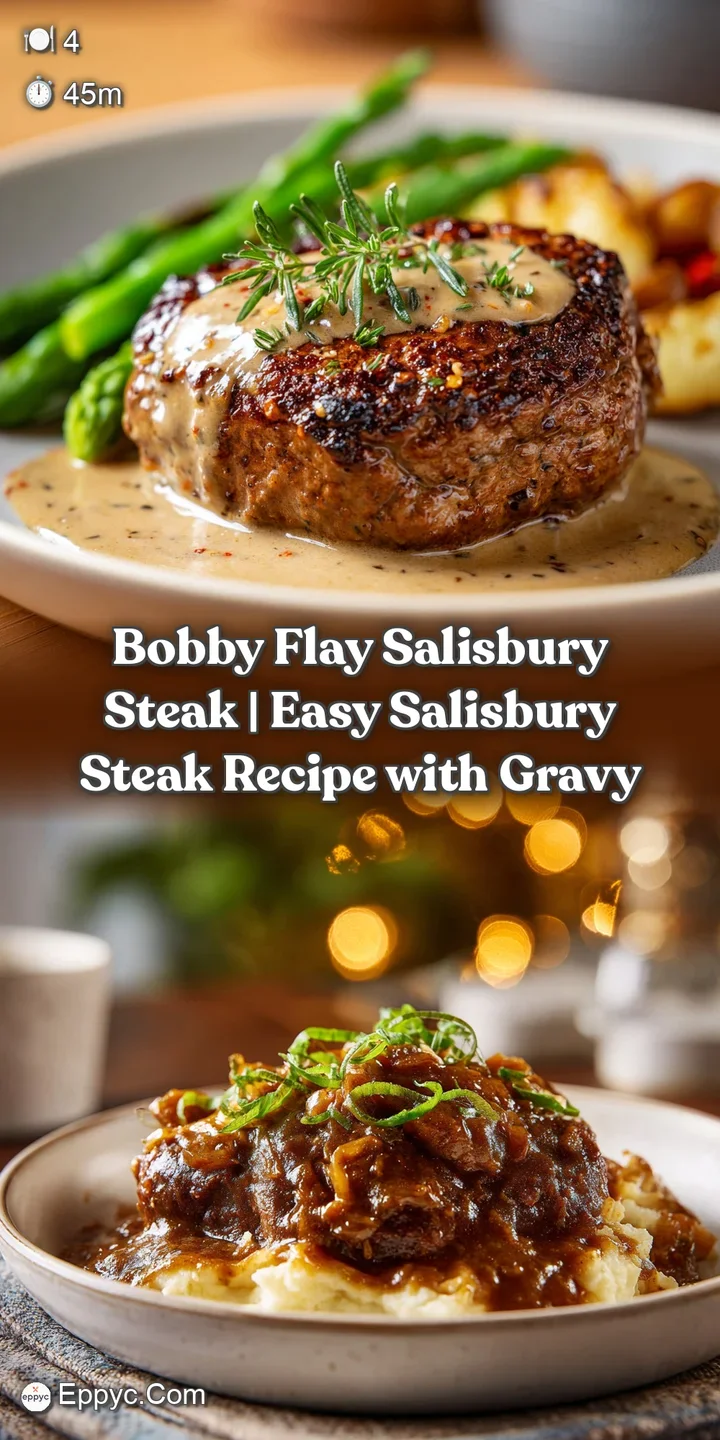 A close-up of a tender, thick beef patty, coated in glossy, dark mushroom gravy, with steam gently rising.