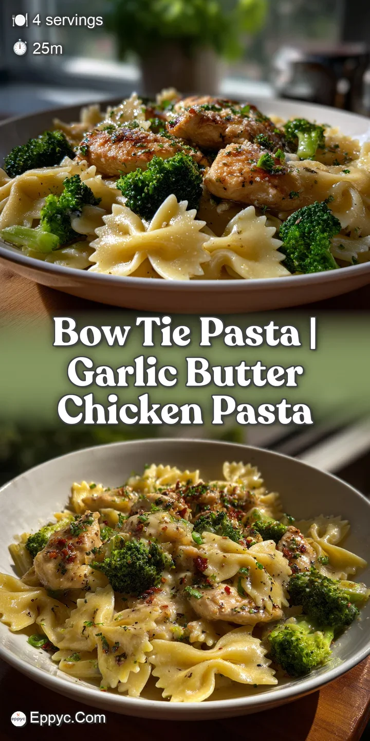 Close-up of glossy bow tie pasta coated in a thick, bright red sauce. Fresh basil adds a pop of green. Appetizing and steamy.