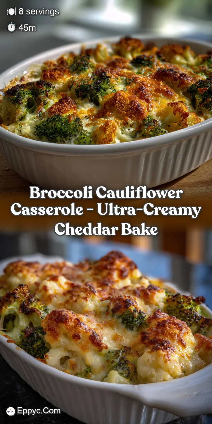 Close-up of bubbling, cheesy casserole with tender broccoli and cauliflower; melted cheddar, perfect comfort food, ready t...