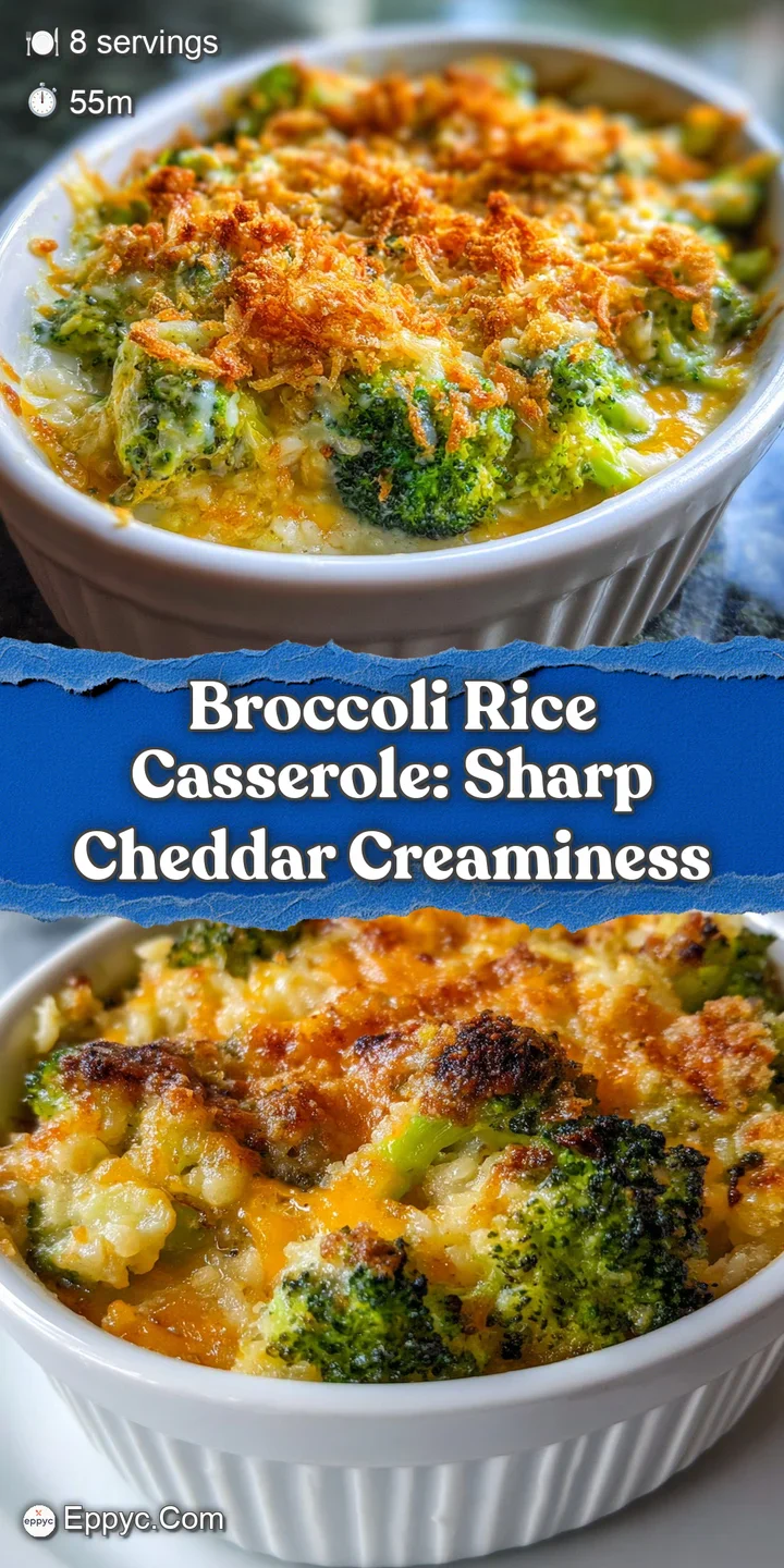 Close-up of creamy broccoli rice casserole; melted cheddar cheese, tender green broccoli, and fluffy rice form a satisfyin...