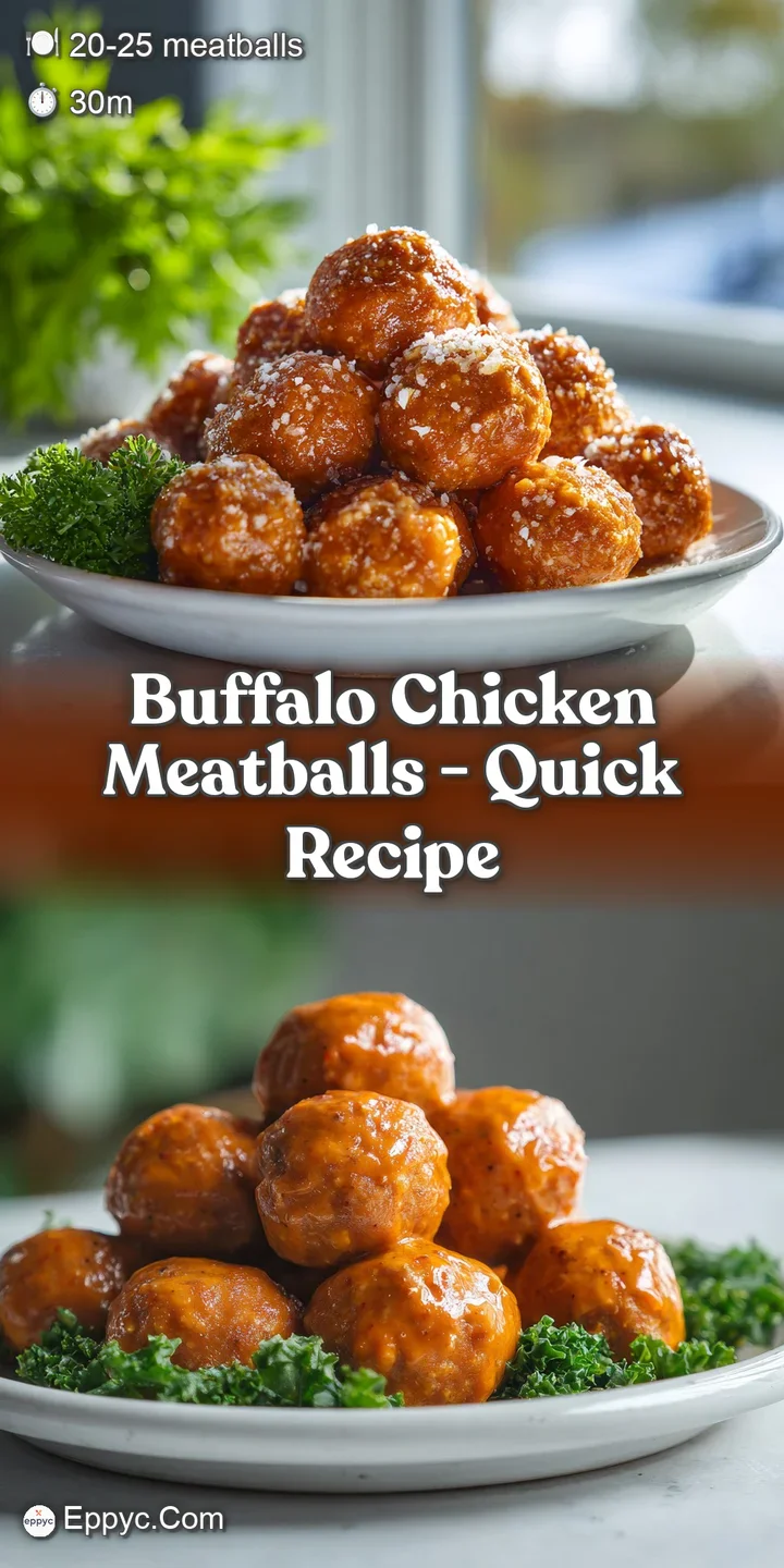 Close-up of a buffalo chicken meatball, glistening with tangy sauce, speckled with herbs, showing the moist and tender tex...