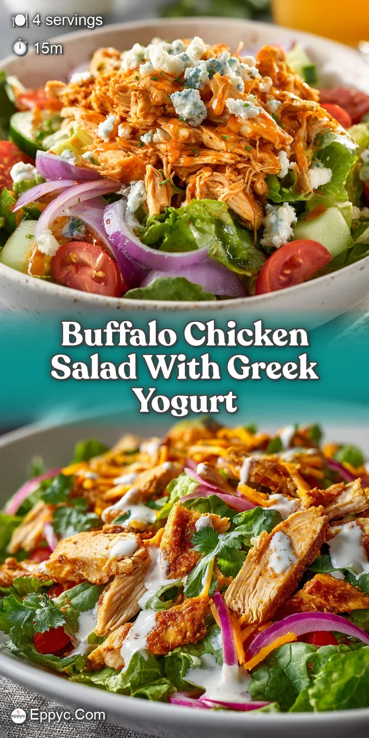 Close-up of spicy buffalo chicken salad: shredded chicken shines with creamy Greek yogurt and vibrant bits of celery and h...