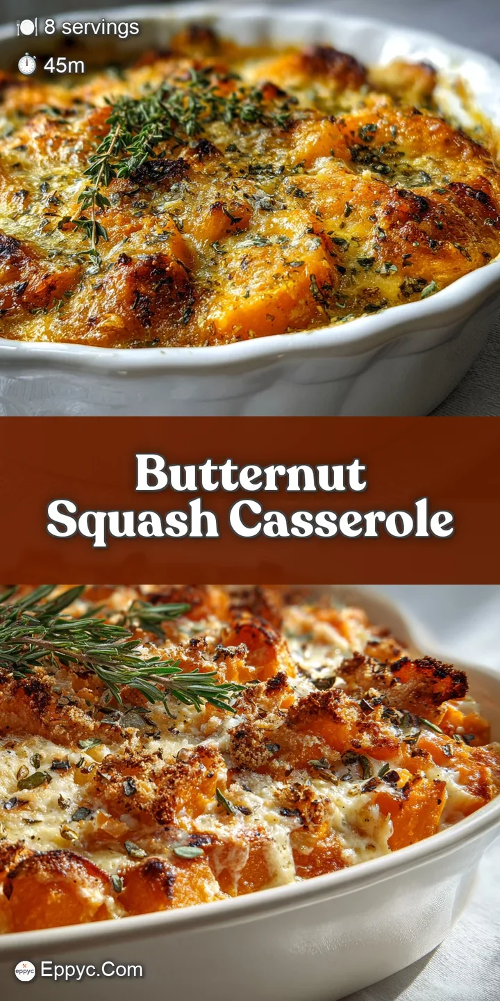 Close-up: Butternut squash casserole with its crusty, golden top, showing the creamy filling and herbs in appetizing detail.