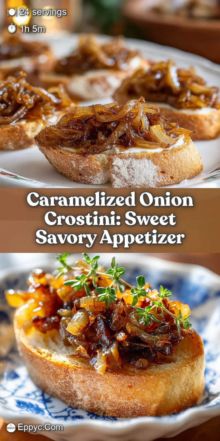 Close-up of a crostini bite, showcasing the soft goat cheese, deeply browned caramelized onions, and crunchy bread texture.