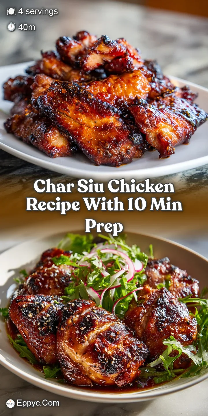 Close-up of glistening, mahogany-red char siu chicken. The caramelized glaze appears sticky and irresistibly appetizing, r...