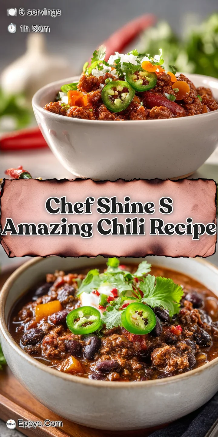 Close-up of deeply colored chili, glistening with rendered fat and studded with colorful vegetables and spices. A spoonful...