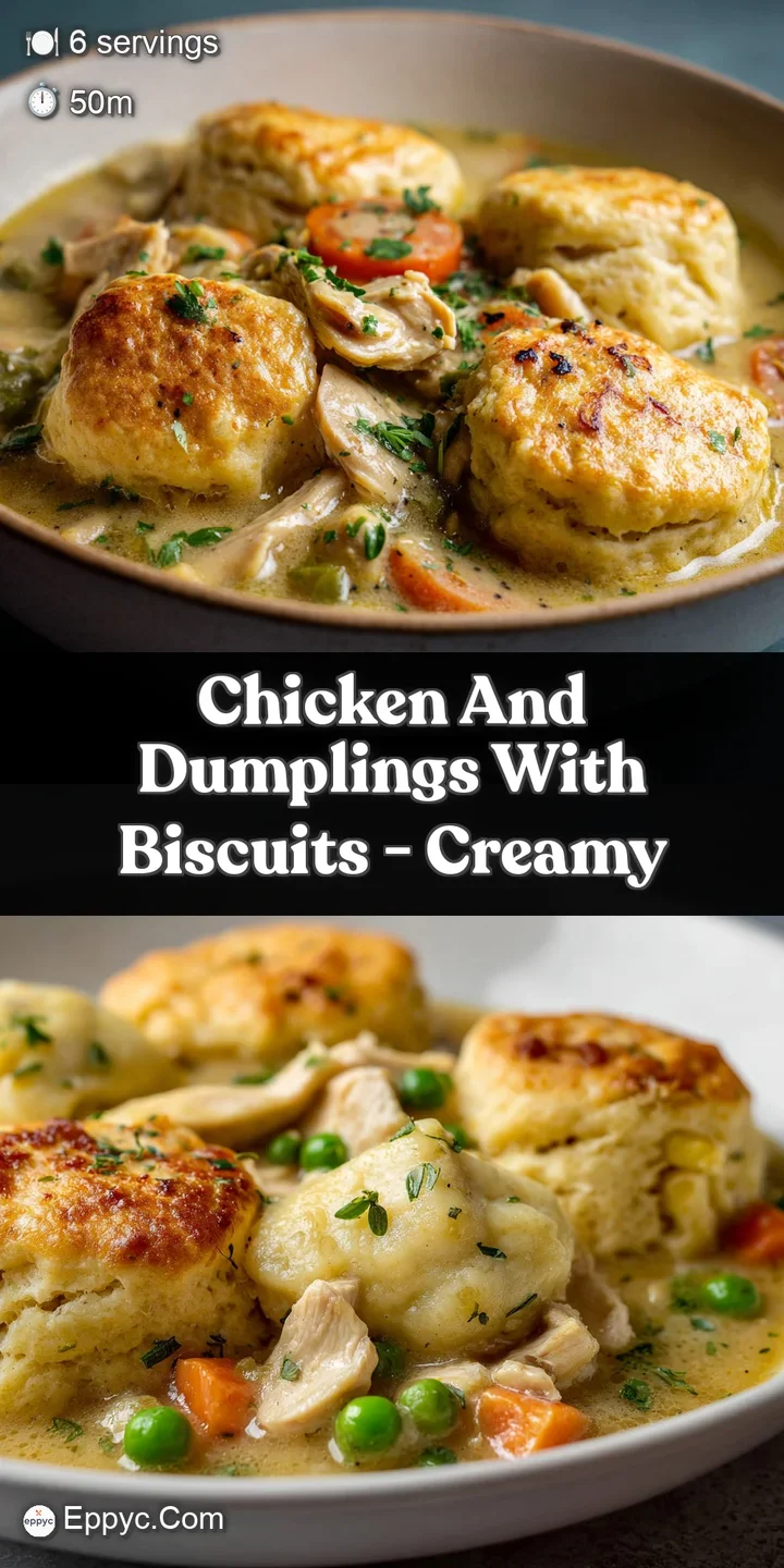 Close-up of a fluffy biscuit soaking up rich, creamy chicken gravy. Hints of vegetables and savory herbs are visible.