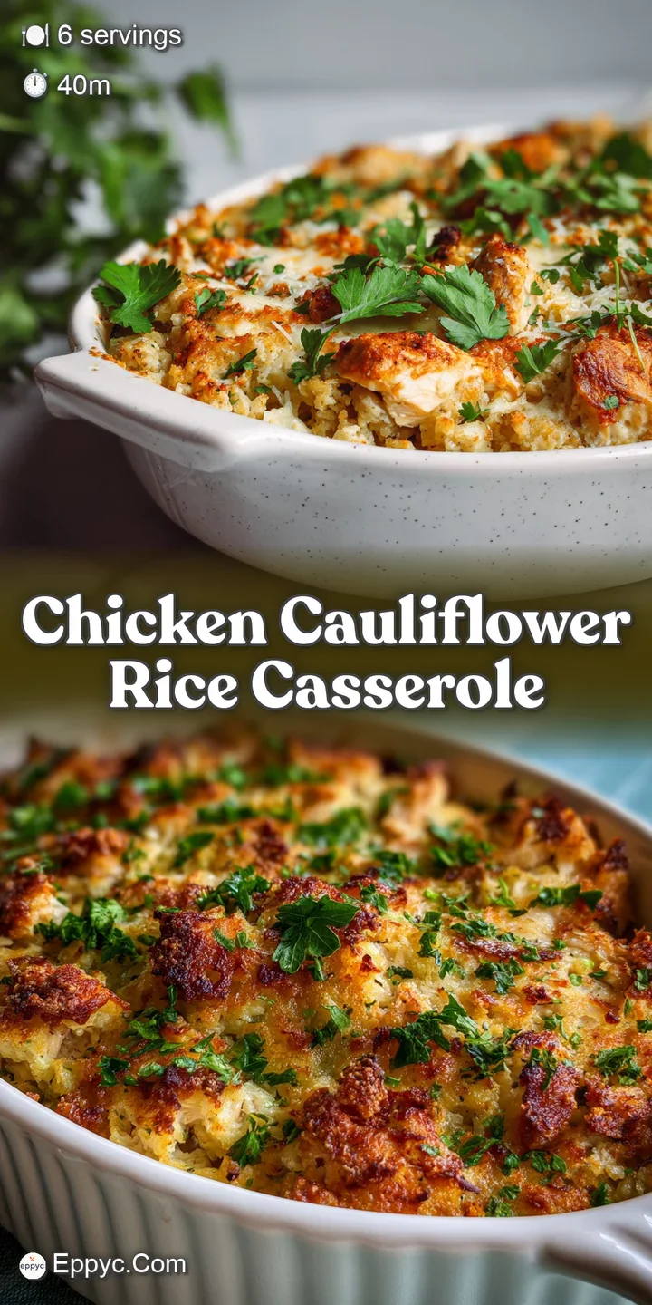 Close-up of cheesy chicken and cauliflower rice casserole, golden crust with rich, creamy sauce.