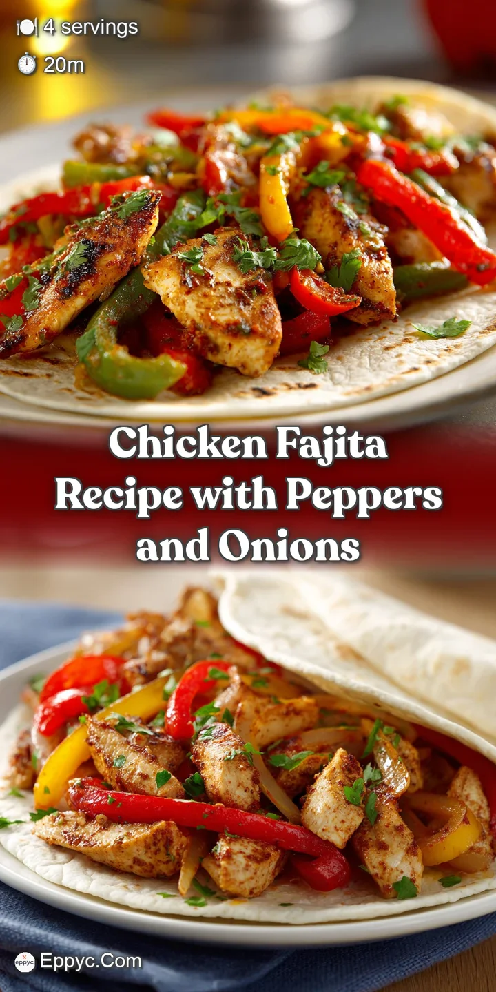 Close-up of tender, juicy chicken strips nestled among sweet, blistered onions and vibrant bell peppers. A mouthwatering e...