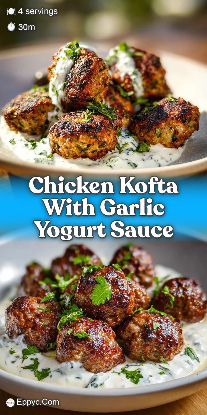 Close-up of juicy chicken kofta glistening with herbs and spices, contrasted by a dollop of cool, tangy garlic yogurt.