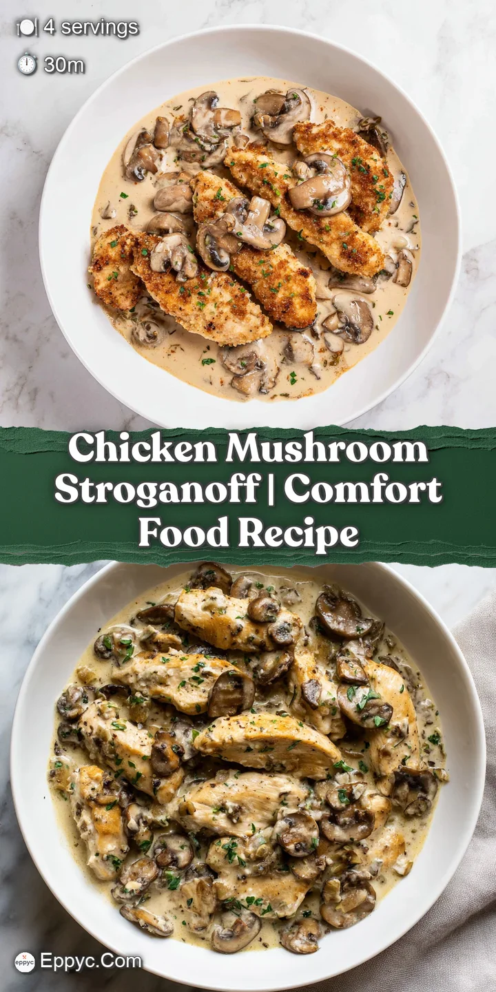 Extreme close-up of tender chicken and earthy mushrooms smothered in a thick, glossy cream sauce with green herbs.