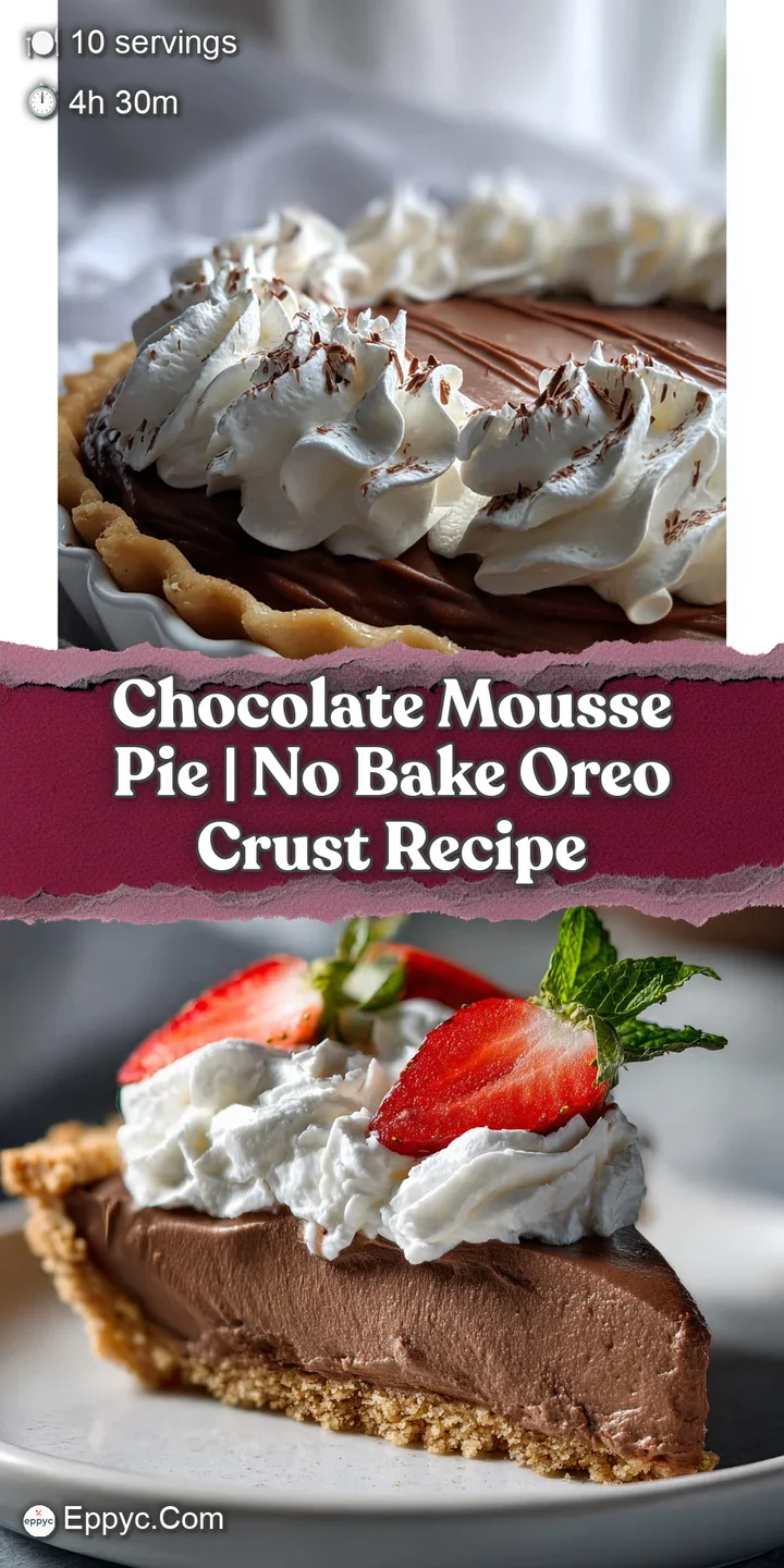 Close-up of chocolate mousse pie filling, smooth and rich. Oreo crumbs peak through. Whipped cream adds a light contrast.