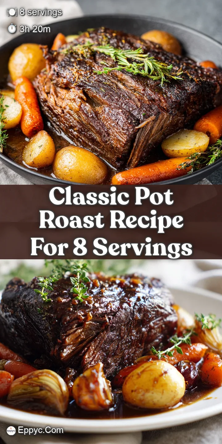 Juicy, shredded pot roast glistening with savory brown gravy, steam rising, hints of vegetables peaking through the meat.