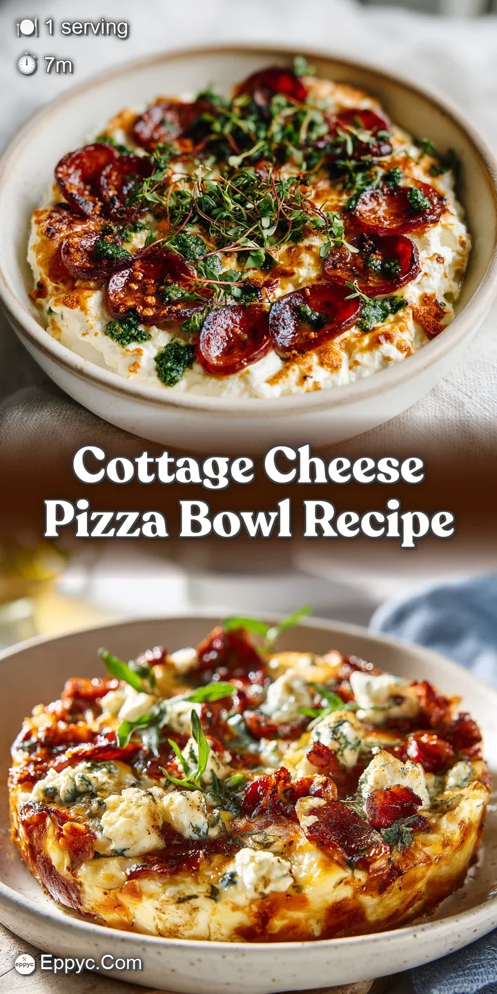 Cheesy, bubbly, hot pizza bowl! The cheese is browned in spots, hinting at a perfectly melted and flavorful quick meal.