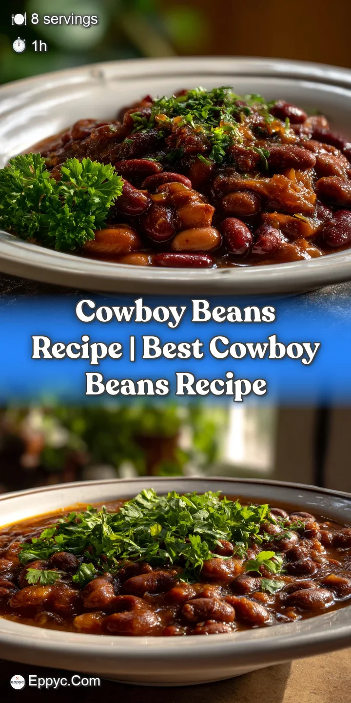 Close-up of glistening cowboy beans, showcasing the mix of textures and savory aromas rising from the bowl with a tender p...