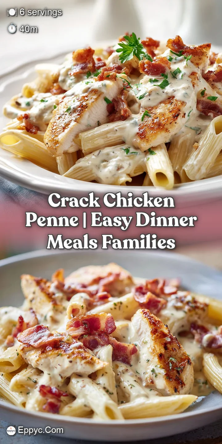 Close-up of gooey melted cheese stretching from a forkful of tender shredded chicken and creamy penne pasta.