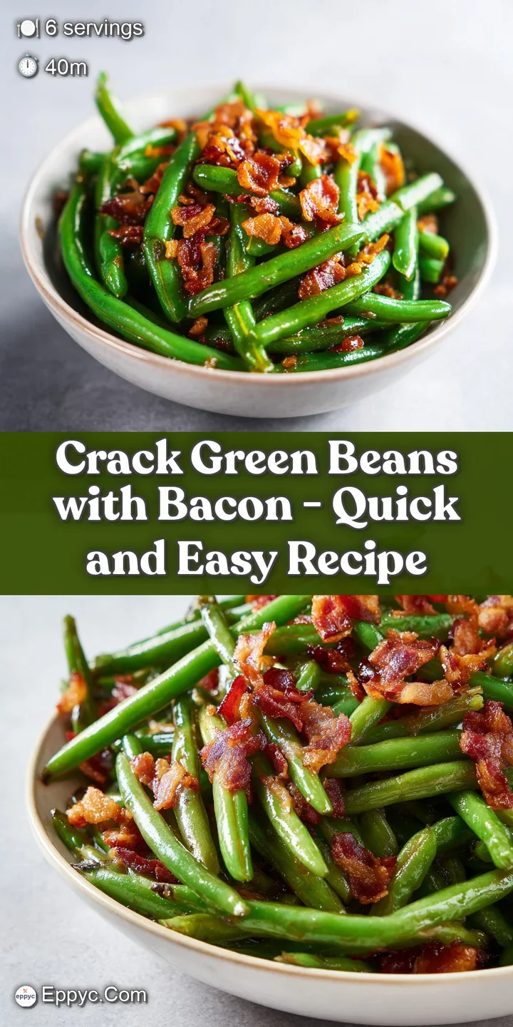 A close-up view of bubbling melted cheese clinging to bright green beans and salty, crisp golden bacon pieces.
