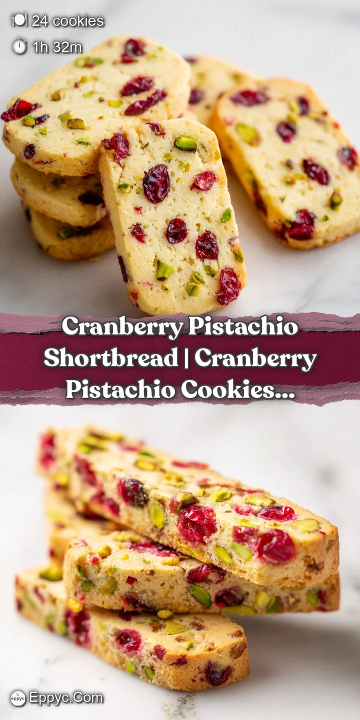 Macro view of a buttery, crumbly biscuit showing tart red dried cranberries and vibrant green chopped pistachios.