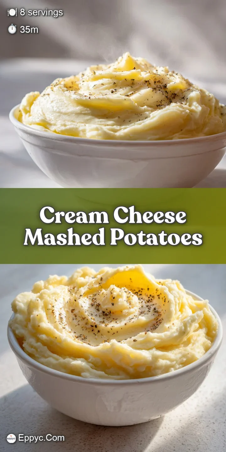 Close-up of smooth, ivory mashed potatoes, rich with swirls of butter, speckled with herbs, promising a comforting and fla...