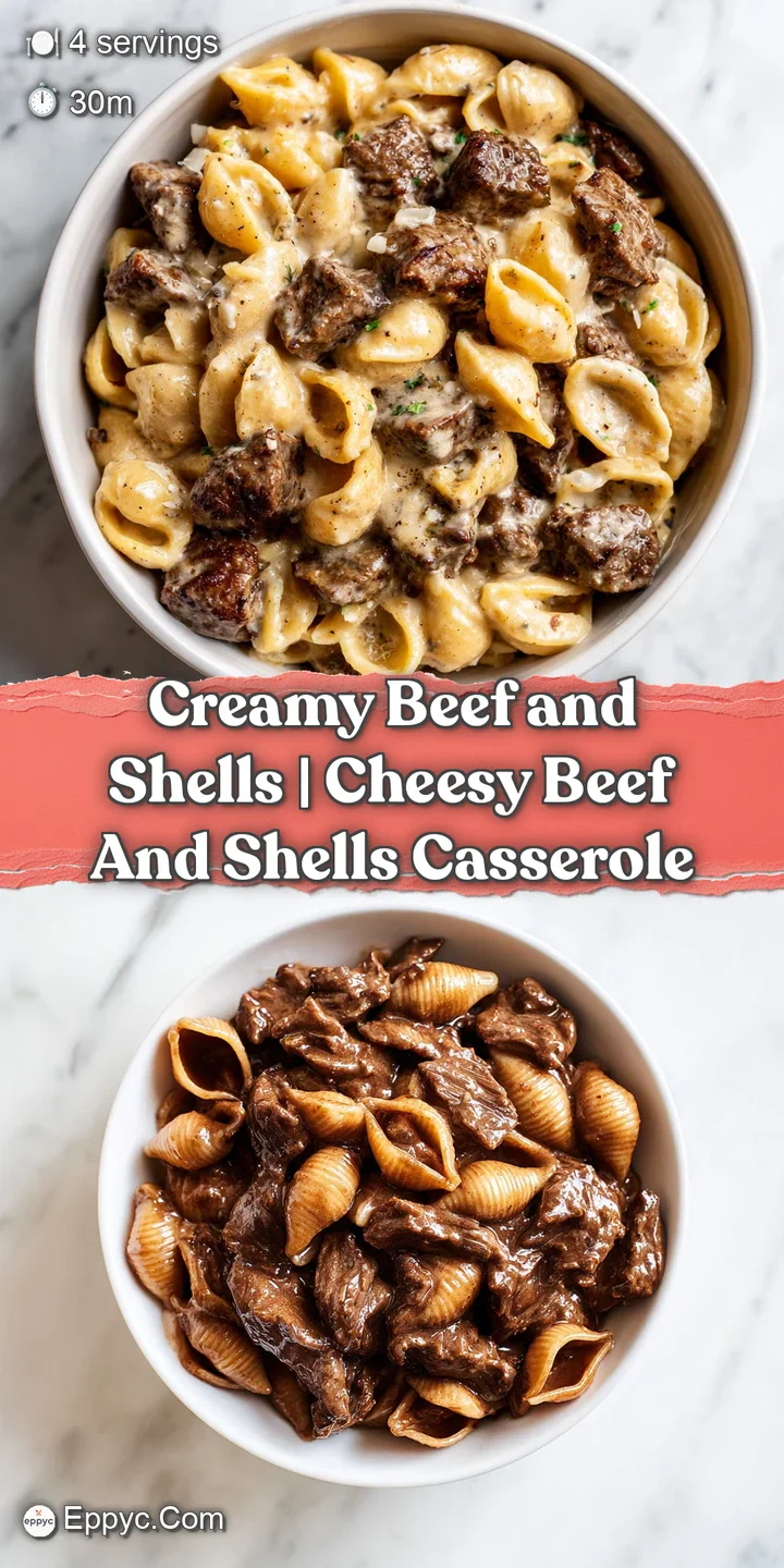 Extreme close-up of tender pasta shells coated in a velvety cheese sauce with juicy bits of browned beef and herbs.