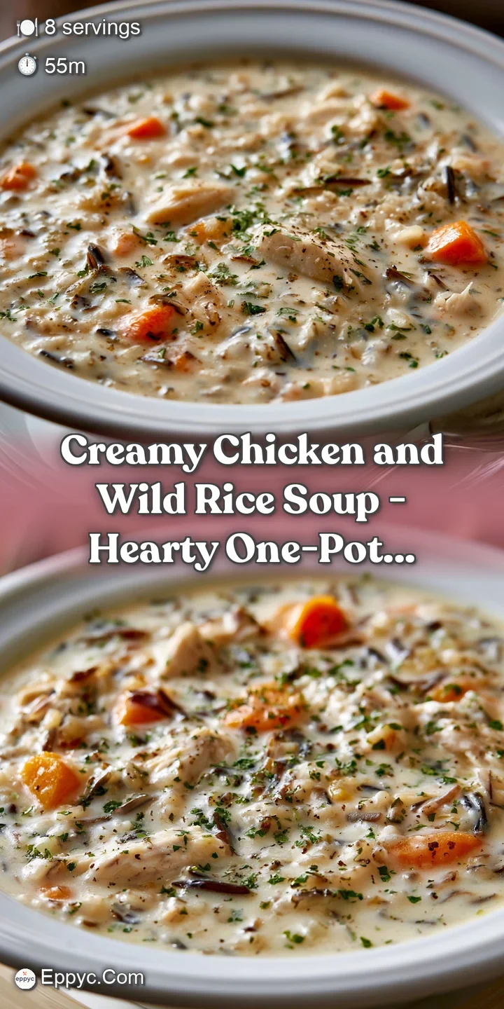 Close-up of tender chicken chunks and dark, chewy wild rice swimming in a rich, velvet-textured creamy broth.