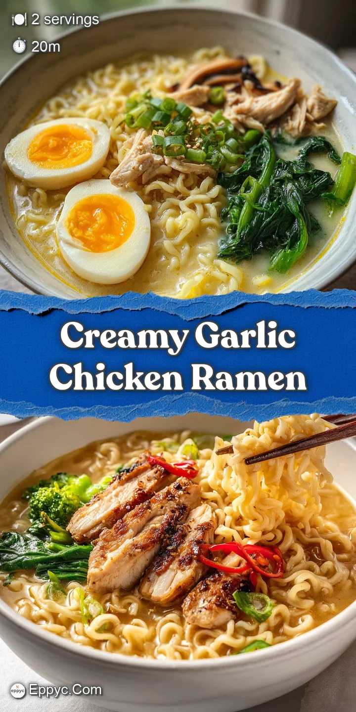 Close-up shot of creamy ramen broth clinging to the noodles, tender chicken, and vibrant green scallions, glistening with ...