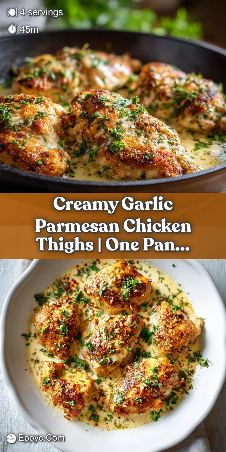 Close-up of golden chicken thigh glistening in a rich, creamy Parmesan sauce with visible garlic bits.