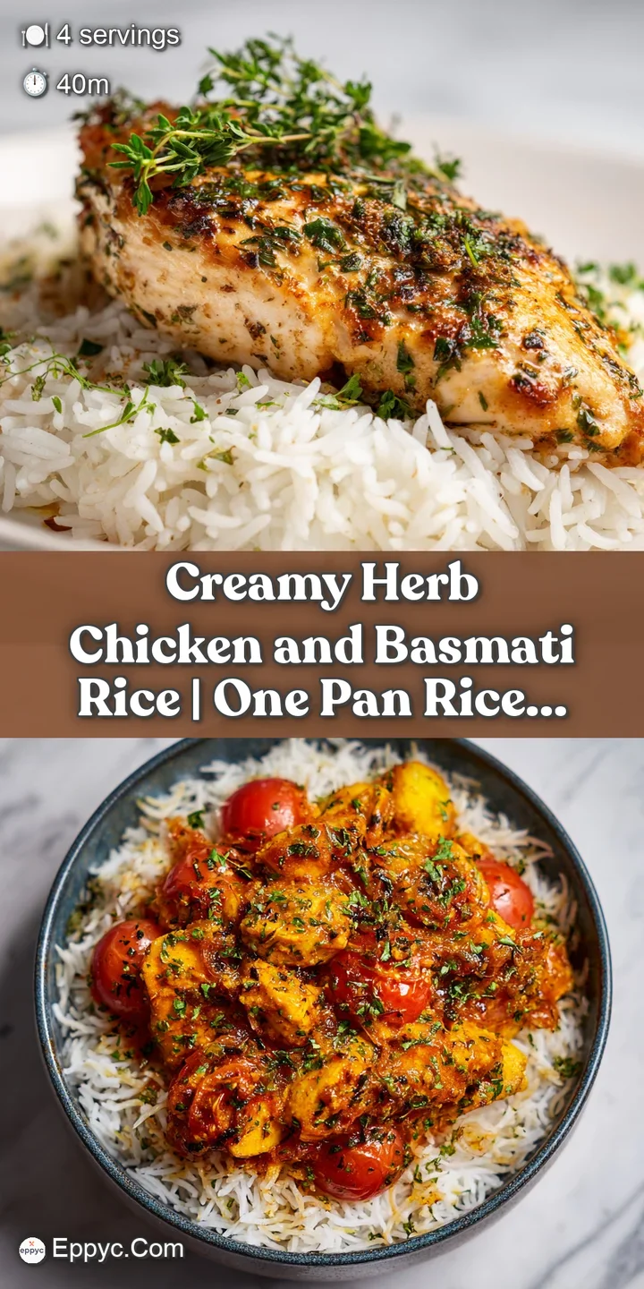 Close-up view of moist, herb-infused chicken pieces nestled in a rich, velvety sauce, with glistening rice grains.