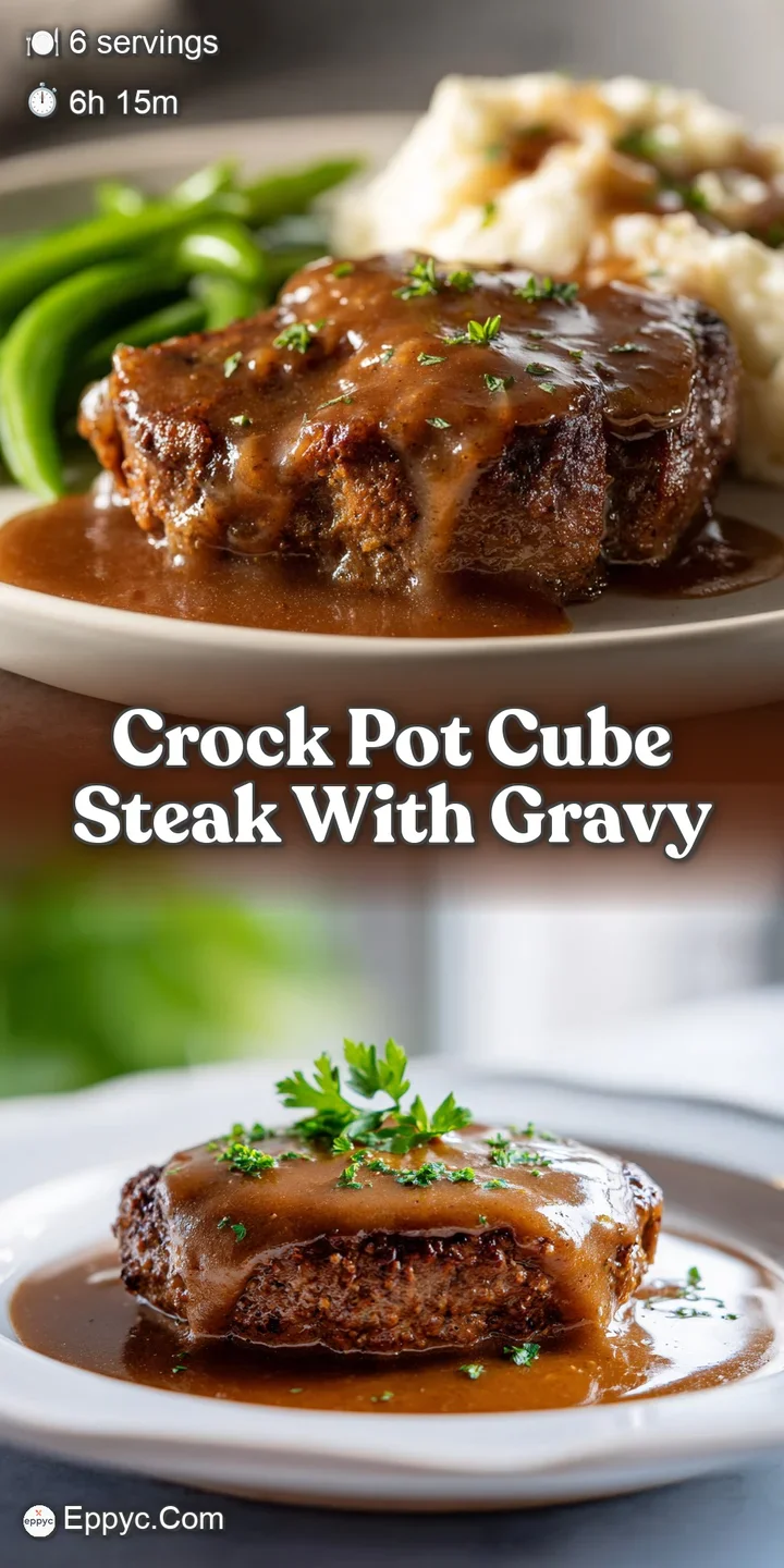 Close-up of cube steak simmering in a crock pot. Shavings of tender beef and thick, savory gravy create a hearty image.