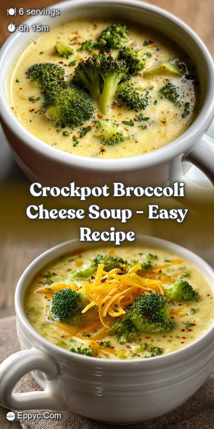 Close-up of golden, cheesy broccoli soup. Steam rising and cheese melting, with visible broccoli florets in a creamy broth.