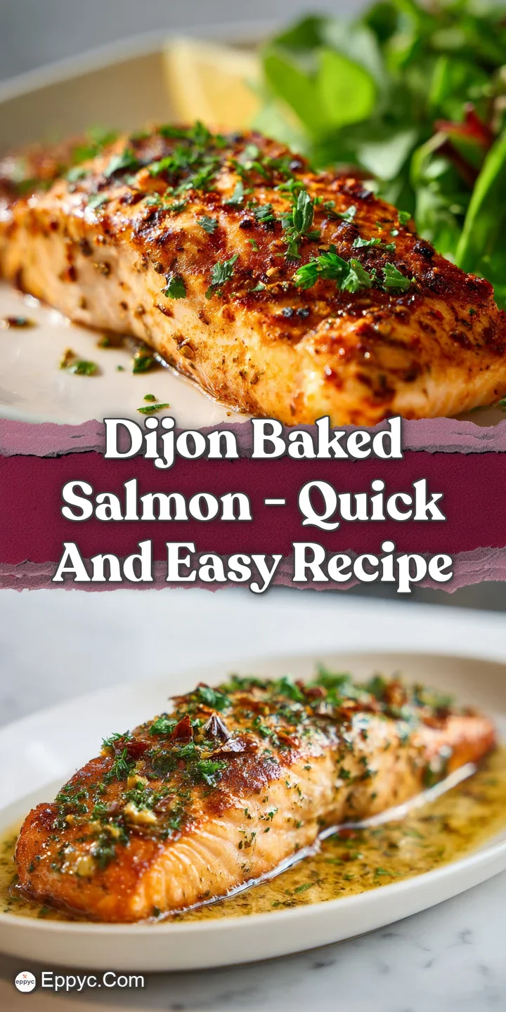 Close-up of tender, flaky baked salmon with a textured Dijon mustard crust. Hints of herbs and spices visible, a moist and...