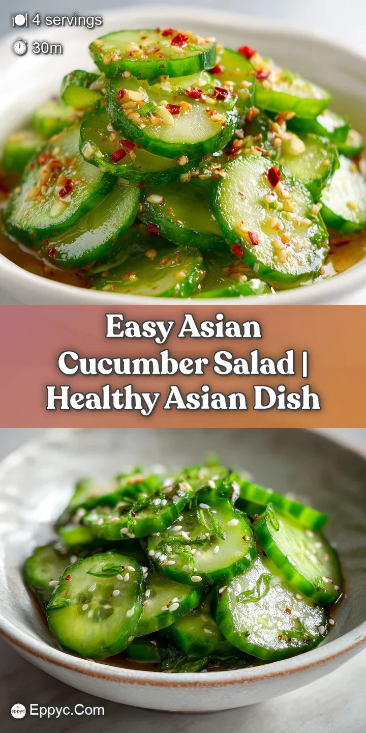 Close-up reveals the juicy, glistening texture of Asian cucumber salad. Sesame seeds and chili flakes add tempting color.